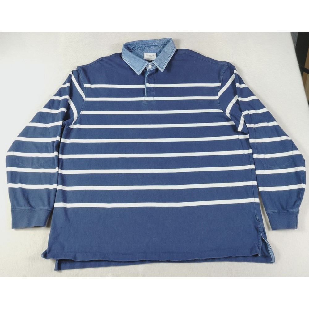American‎ Eagle Rugby Polo Shirt Mens 2XL Blue Stripe Denim Collar Preppy Casual